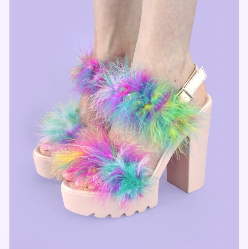 NWT Rainbow Fuzzy Heels